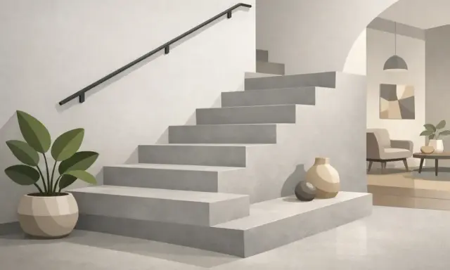 Nowoczesne schody z betonu architektonicznego, czyli co to jest mikrocement. Obok donica z rośliną i wazony.