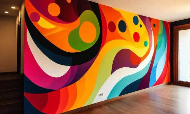 Un mur aux couleurs vives, un motif abstrait audacieux pour une idée motif peinture murale.