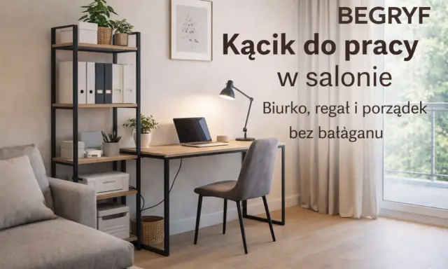 Kącik do pracy w salonie: biurko, regał i porządek bez bałaganu. Idealne miejsce do pracy i nauki.