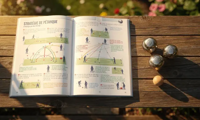 La pétanque pour les nuls : un livre ouvert sur une table en bois, entouré de boules de pétanque.