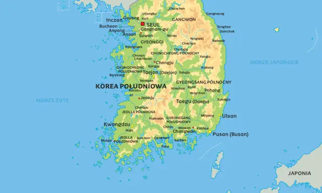 Mapa Korei Południowej z zaznaczonymi miastami jak Seul, Pusan i wyspa Czedżu.
