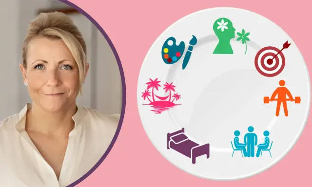 En kvinna ler bredvid en tallrik med symboler för välbefinnande: konst, avkoppling, sömn, socialt umgänge, träning, mål och mental hälsa, som en visuell representation av merkaba meditation.