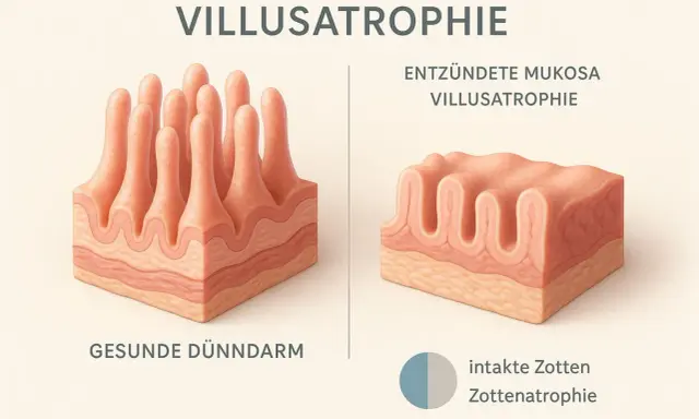 Confronto tra villi intestinali sani e atrofizzati, tipici della celiachia. La celiachia danneggia i villi, riducendone l'assorbimento.