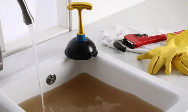 Un évier bouché après siphon, avec un ventouse, une clé à molette rouge et des gants jaunes prêts à l'emploi. L'eau sale s'accumule.