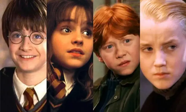 Harry, Hermione, Ron y Draco jóvenes. La saga Harry Potter es apta para todas las edades, pero la harry potter edad recomendada varía según la película.