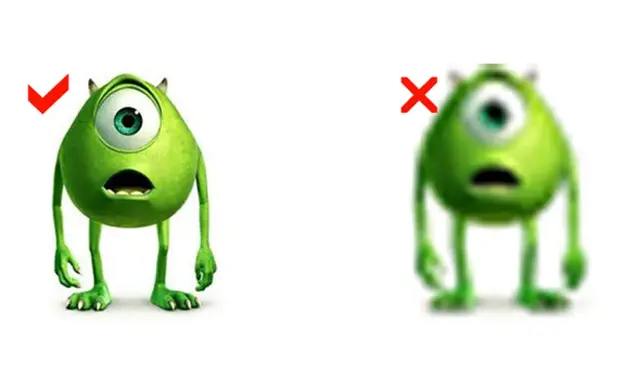 Mike Wazowski con alta resolución (check) y baja resolución (X). La diferencia muestra qué es la resolución de una imagen.