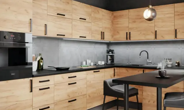 Nowoczesna kuchnia boho loft z drewnianymi frontami, szarym blatem i betonową ścianą. Idealne miejsce na poranną kawę.