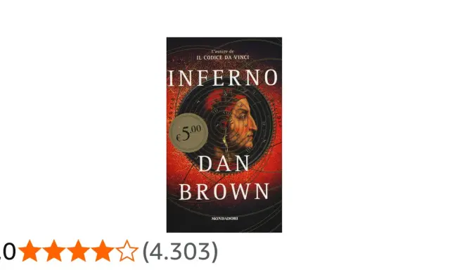 Copertina del libro "Inferno" di Dan Brown, con un volto stilizzato e un cerchio zodiacale. La trama è un thriller avvincente.