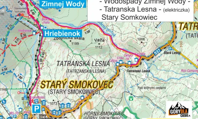 Trasa Stary Smokowiec - Hrebienok - Wodospady Zimnej Wody - Tatranská Lesná. Mapa turystyczna Tatr.