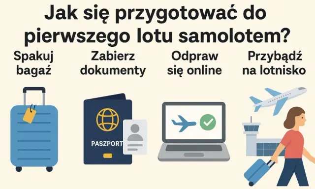 Przygotowania do pierwszego lotu samolotem: spakuj bagaż, zabierz dokumenty, odpraw się online i przybądź na lotnisko.