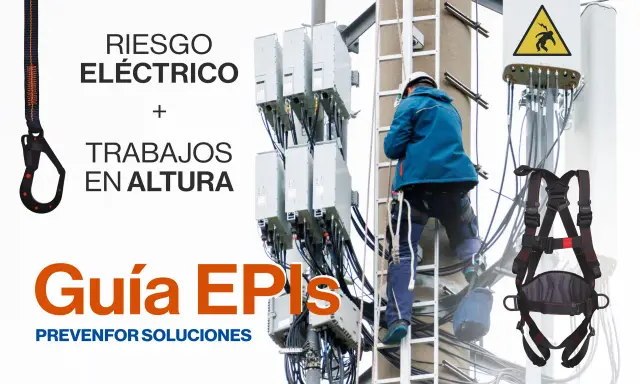 Guía EPIs: Arneses para trabajos en altura y riesgo eléctrico. Un trabajador usa un arnés para subir a una torre de telecomunicaciones.