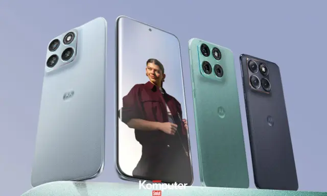 Cztery smartfony Motorola w różnych kolorach, z charakterystycznym logo producenta. Jeden z telefonów wyświetla portret kobiety.