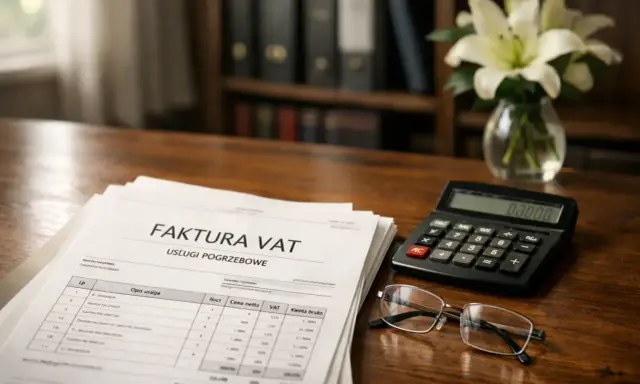 Faktura VAT za usługi pogrzebowe leży na biurku obok kalkulatora i okularów. Czy koszty pogrzebu wchodzą do spadku?