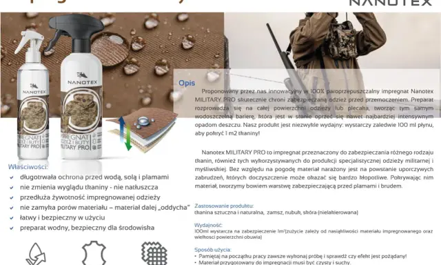 Impregnacja nubuku i skóry MILITARY PRO od Nanotex chroni przed wodą i brudem, zachowując oddychalność materiału.