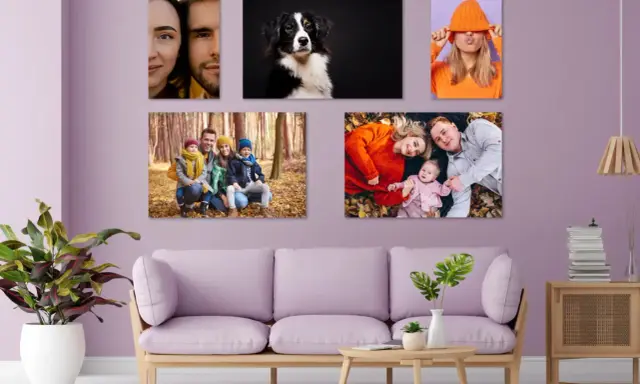 Idée tableau peinture à faire soi-même : un couple, un chien, une jeune fille, une famille en forêt et une famille allongée sur des feuilles.