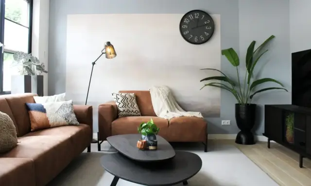 Salon moderne avec canapés marron, coussins colorés, plante verte et horloge murale. Une belle ambiance pour votre diy deco.