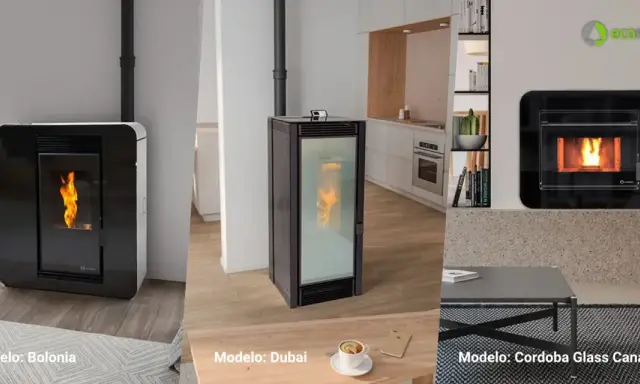 Estufas de pellets con salida de humos: modelos Bolonia, Dubai y Córdoba Glass Canalizable, creando ambientes cálidos y modernos.
