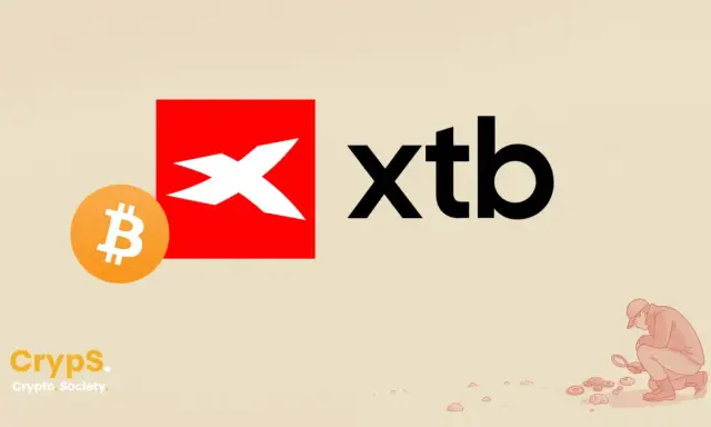 Odkryj świat kryptowalut z XTB! Logo XTB obok symbolu Bitcoina i napisu "Cryps. Crypto. Society." sugeruje, że XTB to platforma do inwestowania w kryptowaluty.