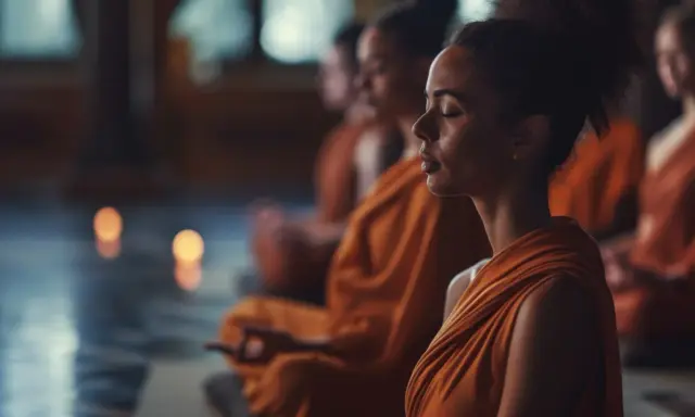 Människor i orange kläder sitter i meditation, en scen av buddistisk frid.