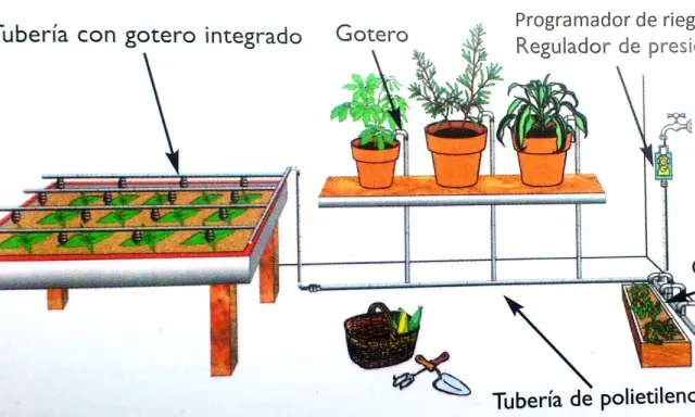 Diagrama de una instalacion riego por goteo, mostrando tuberías, goteros, macetas y un programador.