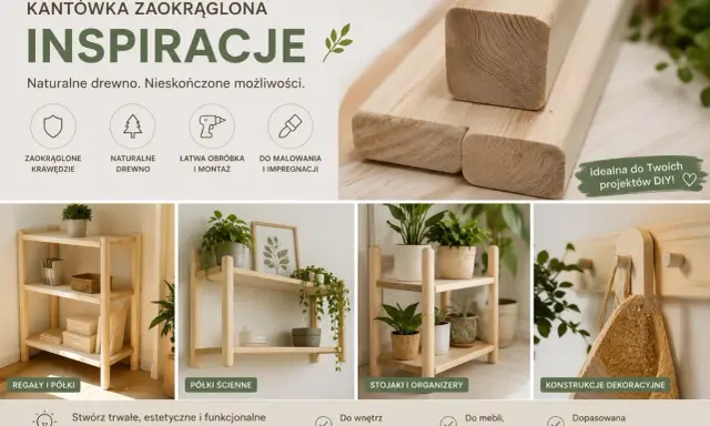 Krawędziaki iglaste z zaokrąglonymi krawędziami, idealne do tworzenia regałów, półek i dekoracji DIY. Naturalne drewno, łatwa obróbka.