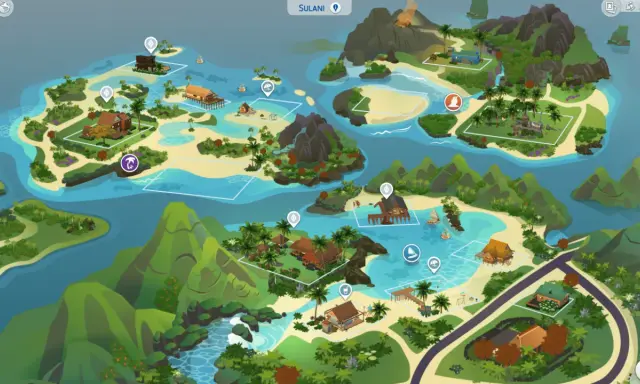 Mapa Sulani z The Sims 4. Zobacz, gdzie kupić domy i działki na tej tropikalnej wyspie.