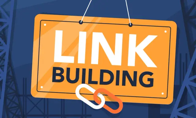 Tablica z napisem "LINK BUILDING" i symbolem łańcucha, sugerująca budowanie silnych połączeń w sieci.
