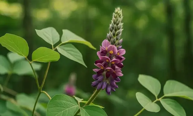 Fleur de kudzu aux teintes violettes et roses, évoquant ses nombreux kudzu bienfaits. Des feuilles vertes entourent la tige.