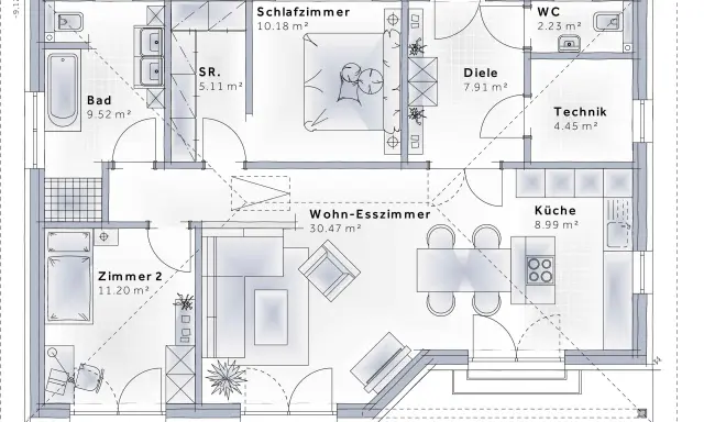 Grundriss eines Bungalows mit Wohn-Esszimmer, Küche, Schlafzimmer, Bad, Zimmer 2, Diele, WC und Technikraum. Ideal zum Bungalow planen.