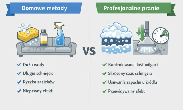 Porównanie domowe pranie tapicerki z metodami profesjonalnymi: więcej wody, długie schnięcie, ryzyko zacieków vs. kontrola wilgoci, szybkie schnięcie, pewny efekt.