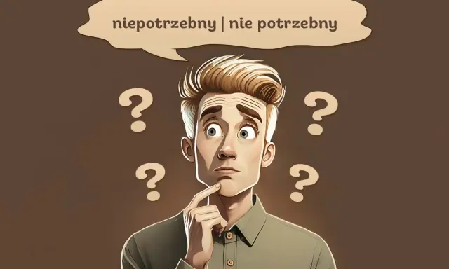 Zamyślony mężczyzna otoczony znakami zapytania, zastanawia się, czy coś jest niepotrzebnie razem, czy osobno.
