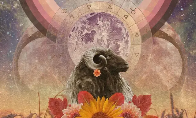 Baran z ozdobnym kwiatkiem, otoczony przez astrologiczny krąg i księżyc. To symbolika "Mars w Baranie", pełna energii i odwagi.
