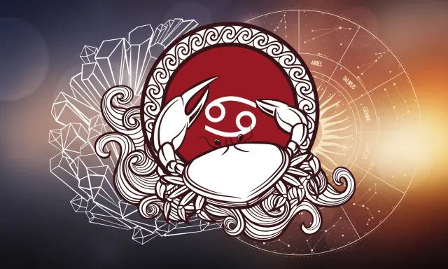 Symbol Raka, znaku zodiaku, z datą urodzenia. Stylizowany rak otoczony kryształami i kołem zodiaku.