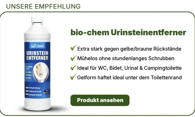 bio-chem Urinsteinentferner: kraftvoll gegen gelbe Rückstände, ideal für die Toilette. Entfernt Urinstein unter Wasser mühelos.