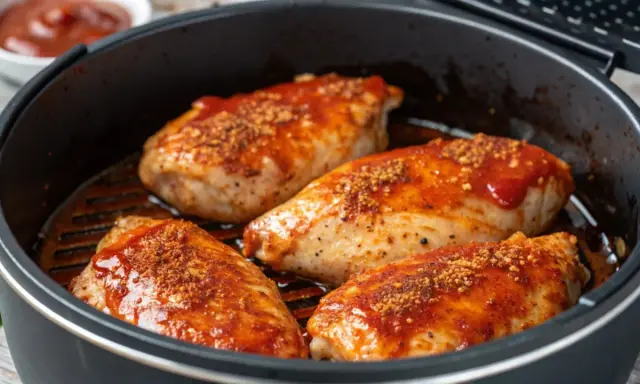 Quatre poitrines de poulet savoureuses, nappées d'une sauce rouge et saupoudrées d'épices, prêtes à être dégustées. Un délice inspiré du marinade poulet portugais.