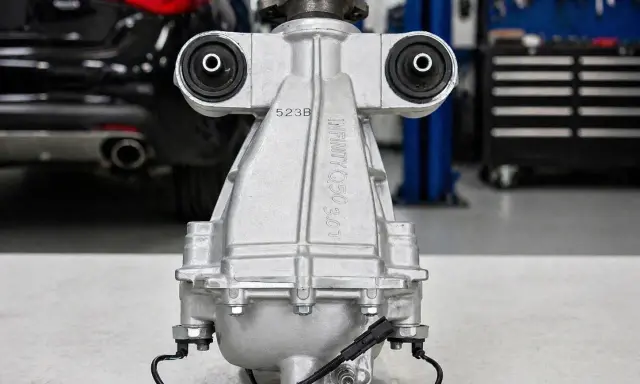 Srebrny mechanizm różnicowy INFINITY Q50 3.0T z czujnikami, gotowy do montażu w warsztacie.