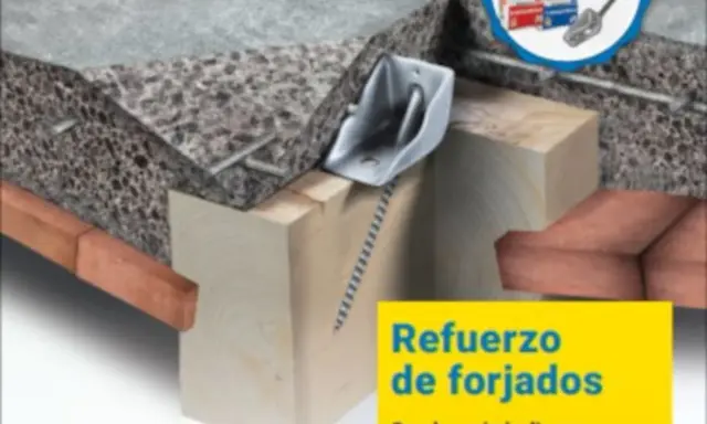 Detalle de construcción que muestra un refuerzo de forjado con una pieza metálica y una capa de compresión de hormigón ligero.