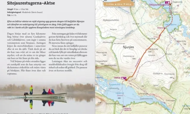 Vandra hela Kungsleden: båttur över sjöar, sedan stigning genom skog till kalfjället Njunjes. Fantastisk utsikt över Sarek.