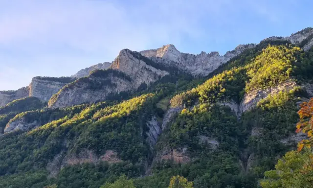 Majestuosas montañas cubiertas de bosque verde y rocas, perfectas para **rutas por Ordesa** en un día soleado.