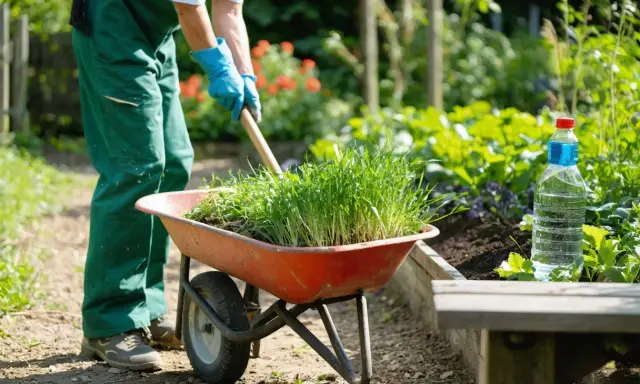 Un jardinier utilise une brouette, un outil pour désherber, remplie d'herbes fraîches.