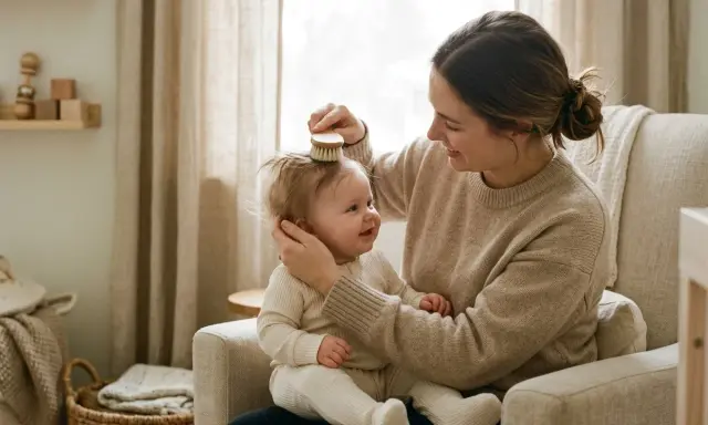 Mamma borstar försiktigt sin bebis som tappar lite hår. En mysig stund i fåtöljen.