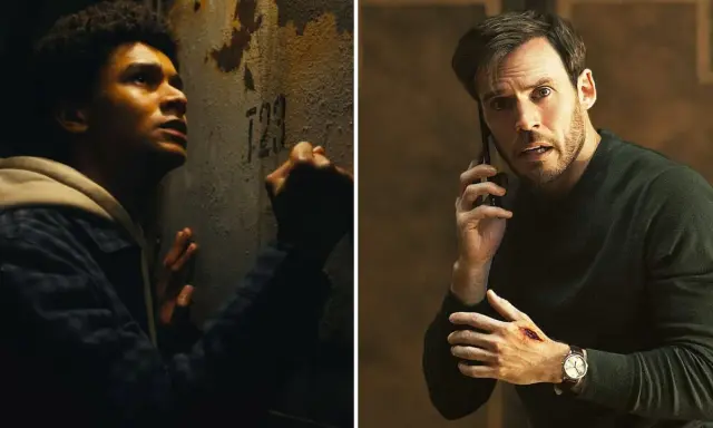 Två män i dramatiska scener från Harlan Coben serier. En ung man trycker sig mot en vägg, en annan man pratar i telefon med ett sår på handen.