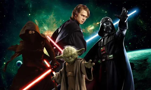 Kylo Ren, Anakin Skywalker, Yoda i Darth Vader z mieczami świetlnymi. Bohaterowie z gier Star Wars gotowi do walki.