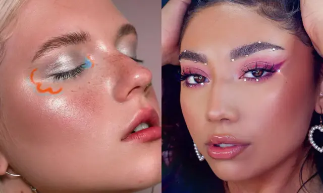 Dos looks de maquillaje: uno con delineado artístico en **línea de agua** y sombras plateadas, el otro con sombras rosas, pedrería y delineado dramático.