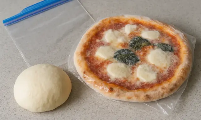Impasto per pizza e pizza pronta, con sacchetto per conservare le foto.
