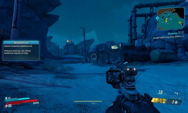 Gra Borderlands 3 spolszczenie. Wskazówka: "Znajdź szefa Pogromcy Słońca". Cel opcjonalny: "Zadanie otrzymało dodatkowy cel".