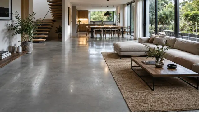 Amplio salón moderno con suelo de hormigón pulido, sofá modular, mesa de centro de madera y escaleras flotantes.