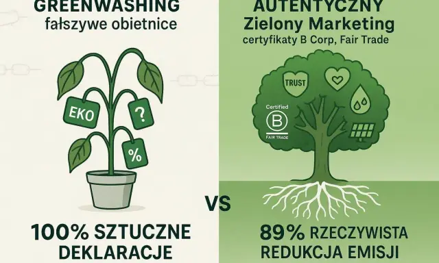 Zielony marketing: z lewej sztuczne deklaracje, z prawej autentyczny, z certyfikatami B Corp i Fair Trade, co oznacza prawdziwą redukcję emisji.