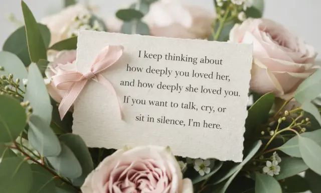 Bukiet róż i eukaliptusa z kartką wyrażającą kondolencje po angielsku: "I keep thinking about how deeply you loved her, and how deeply she loved you. If you want to talk, cry, or sit in silence, I'm here.