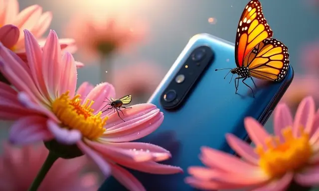 Niesamowite zdjecia makro: motyl i owad na kwiatach obok telefonu.
